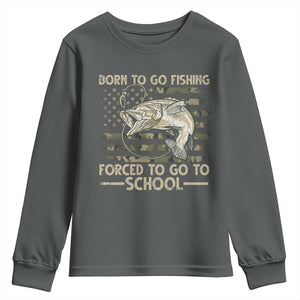 Born To Go Fishing Youth Sweatshirt Forced School Fisherman Camouflage US Flag TS10 Dark Heather Print Your Wear