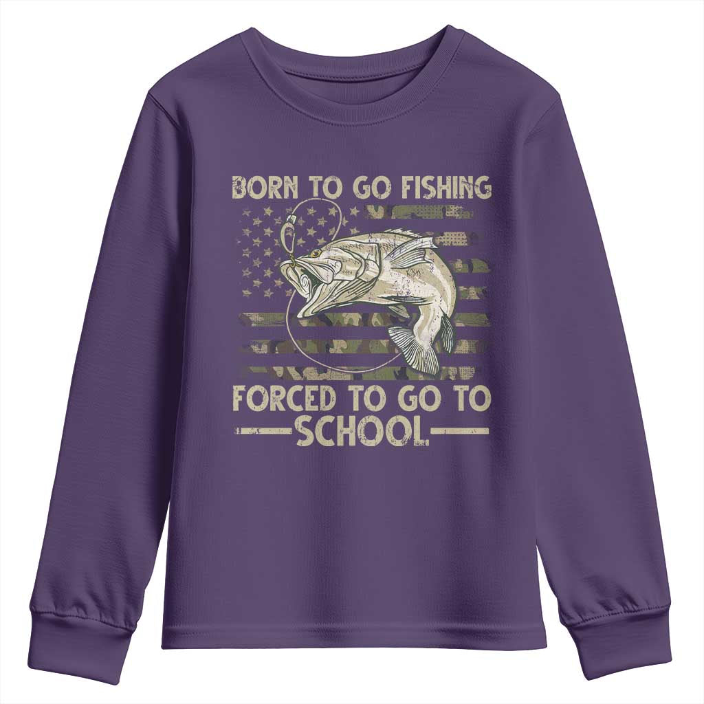 Born To Go Fishing Youth Sweatshirt Forced School Fisherman Camouflage US Flag TS10 Purple Print Your Wear