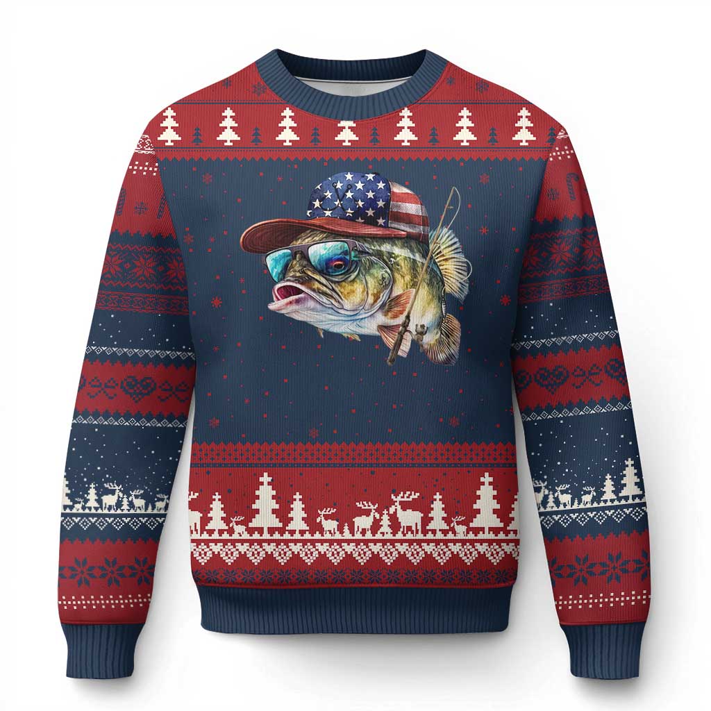 Funny Fishing American Flag Ugly Christmas Sweater Patriotic Fisherman Family Gift TS10 Navy Red Print Your Wear