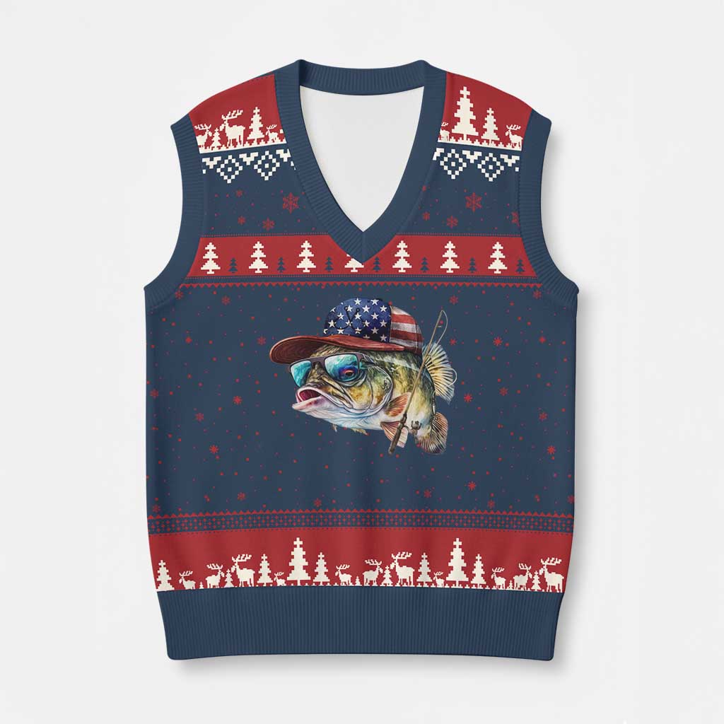 Funny Fishing American Flag V-Neck Knit Sweater Vest Patriotic Fisherman Family Gift TS10 Navy Red Print Your Wear