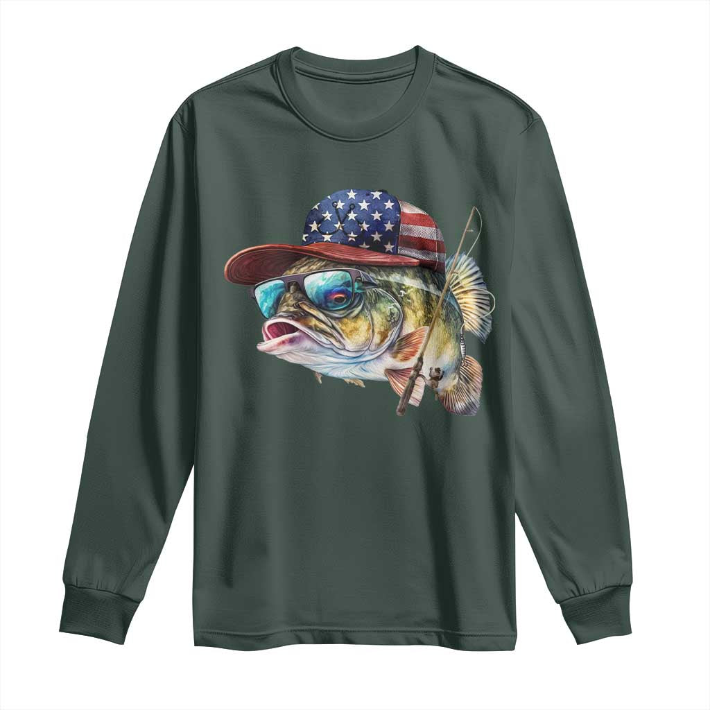 Funny Fishing American Flag Long Sleeve Shirt Patriotic Fisherman Family Gift TS10 Dark Forest Green Print Your Wear