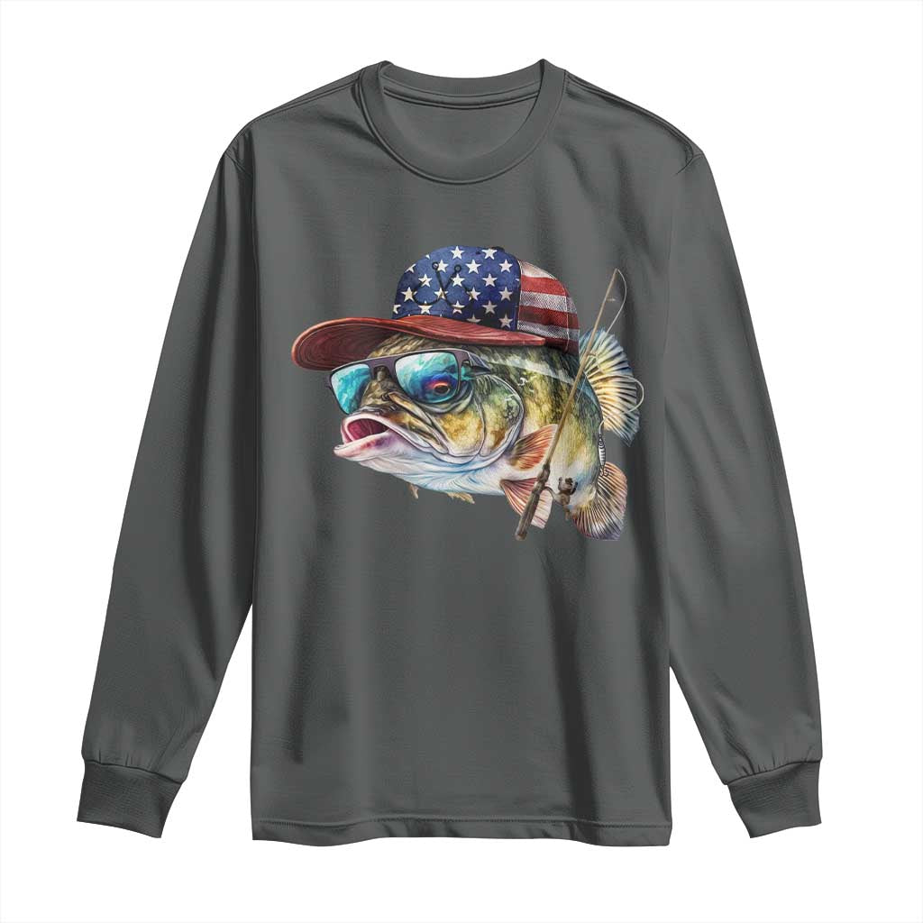 Funny Fishing American Flag Long Sleeve Shirt Patriotic Fisherman Family Gift TS10 Dark Heather Print Your Wear