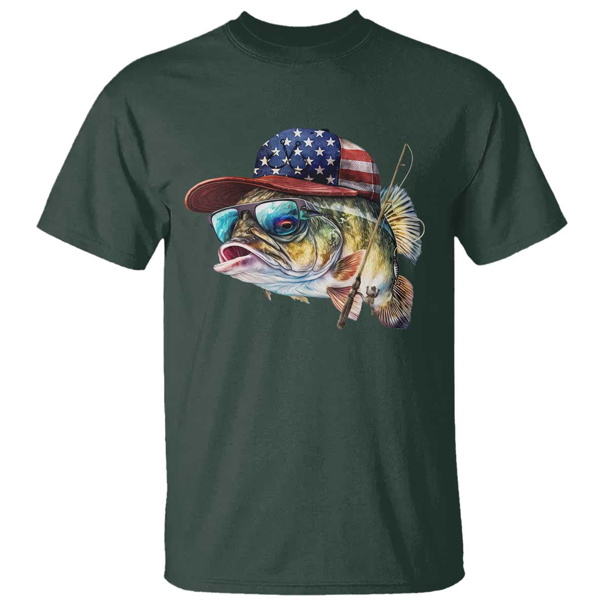Funny Fishing American Flag T Shirt Patriotic Fisherman Family Gift TS10 Dark Forest Green Print Your Wear