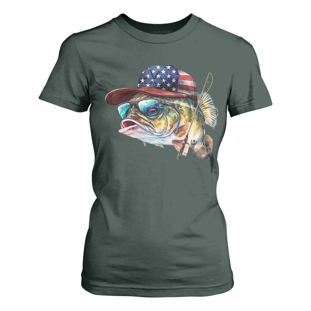 Funny Fishing American Flag T Shirt For Women Patriotic Fisherman Family Gift TS10 Dark Forest Green Print Your Wear
