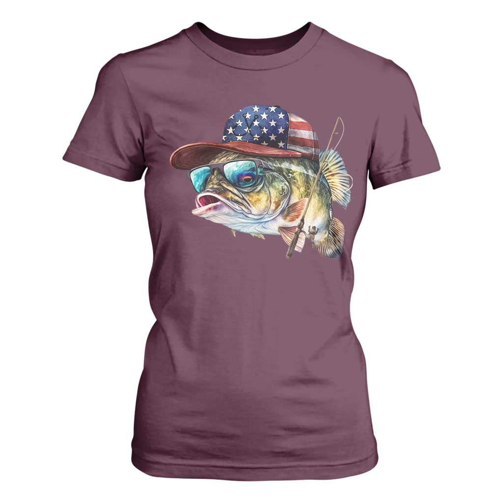 Funny Fishing American Flag T Shirt For Women Patriotic Fisherman Family Gift TS10 Maroon Print Your Wear