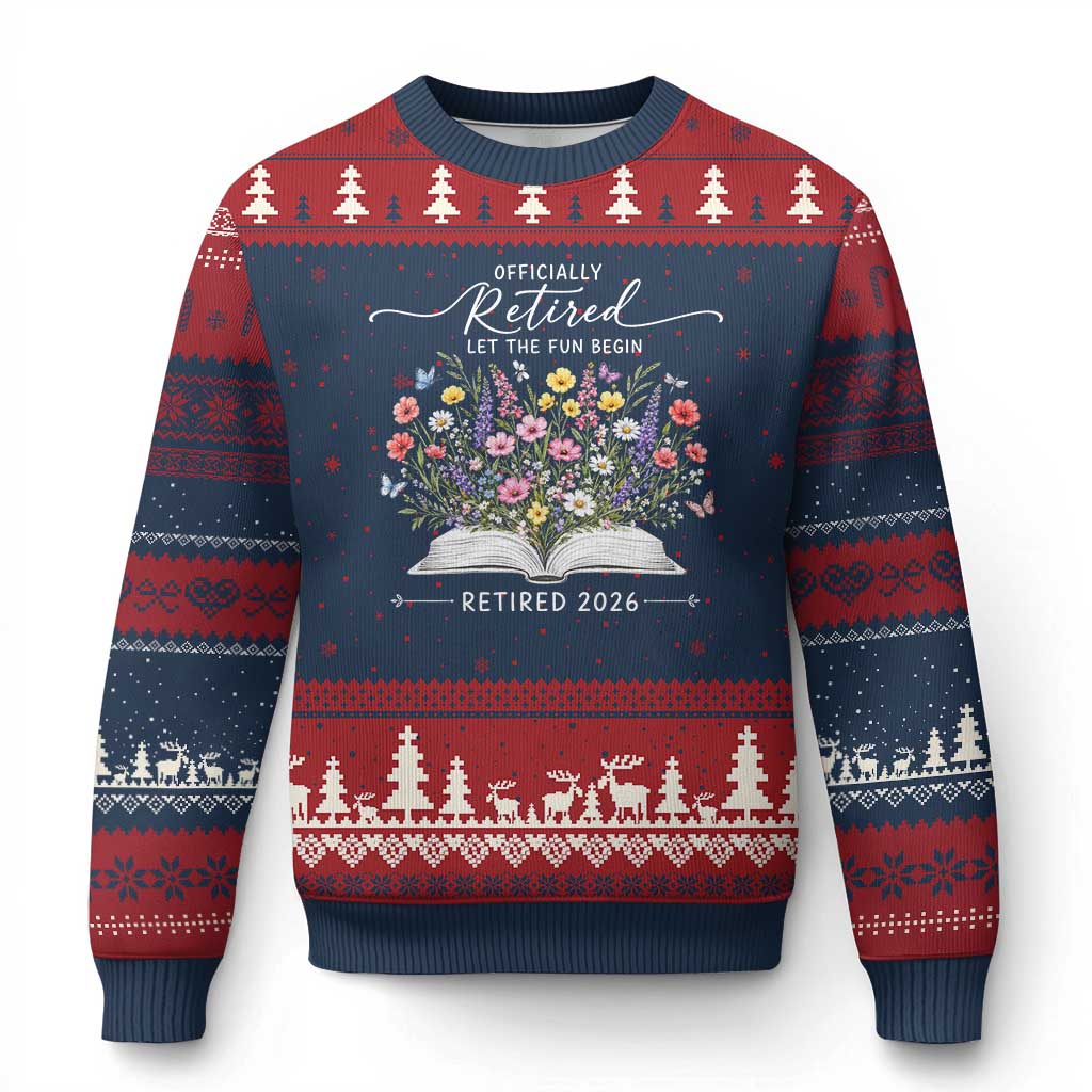 Officially Retired Ugly Christmas Sweater Floral Teacher Retirement Coworker Gift Let The Fun Begin TS10 Navy Red Print Your Wear