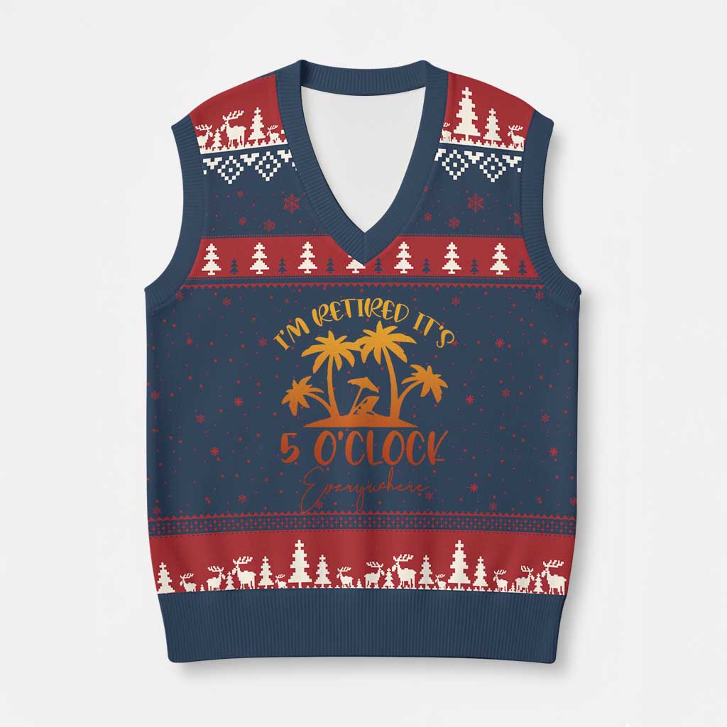 Funny Retirement V-Neck Knit Sweater Vest I'm Retired It's 5 O'Clock Everywhere TS10 Navy Red Print Your Wear