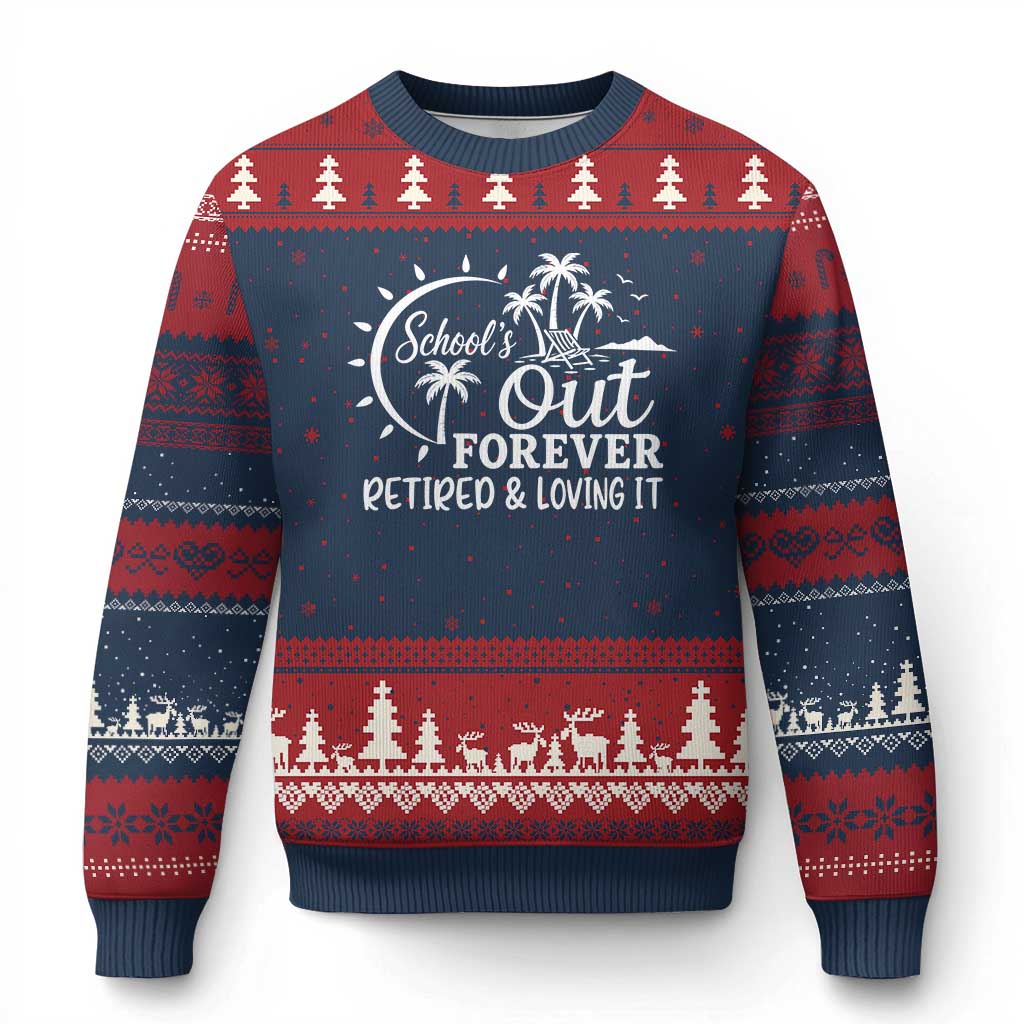 Retired Teacher Ugly Christmas Sweater Schools Out Forever Retirement Teacher Gift TS10 Navy Red Print Your Wear