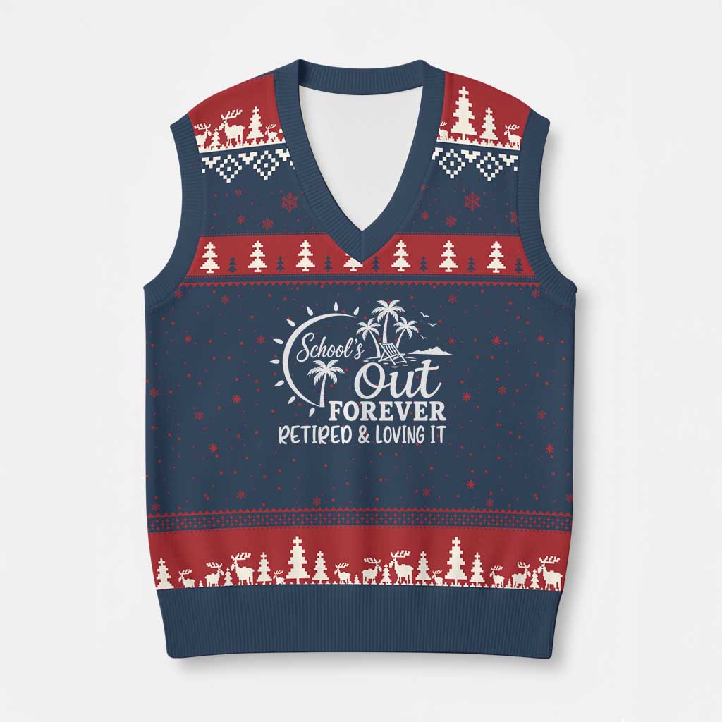 Retired Teacher V-Neck Knit Sweater Vest Schools Out Forever Retirement Teacher Gift TS10 Navy Red Print Your Wear