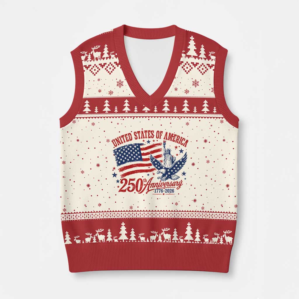 USA 250th Anniversary V-Neck Knit Sweater Vest Land Of The Free USA Patriotic 1776 2026 Statue Of Liberty Eagle Flag TS10 Beige Red Print Your Wear