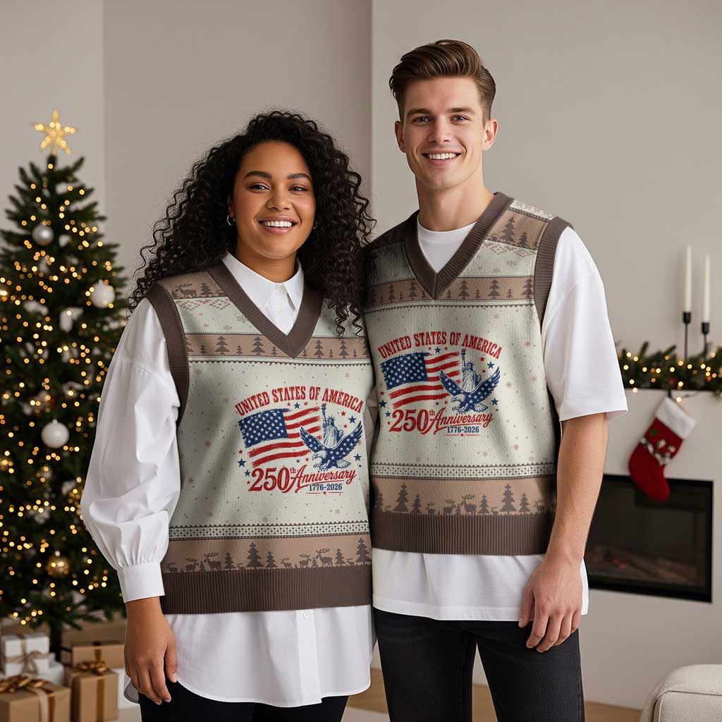 USA 250th Anniversary V-Neck Knit Sweater Vest Land Of The Free USA Patriotic 1776 2026 Statue Of Liberty Eagle Flag TS10 Mocha Mousse Print Your Wear