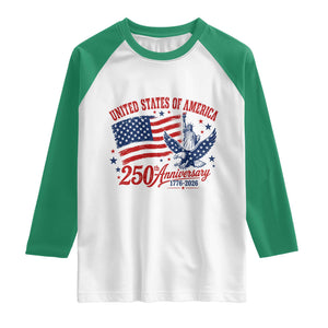 USA 250th Anniversary Raglan Shirt Land Of The Free USA Patriotic 1776 2026 Statue Of Liberty Eagle Flag TS10 White Kelly Green Print Your Wear