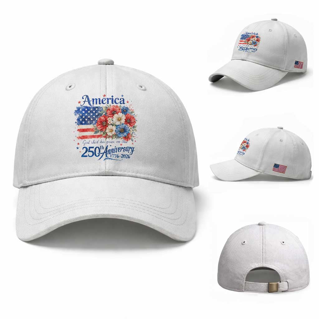 God 250th Anniversary USA Flag Floral Baseball Cap Patriotic Freedom 4th of July 250 Years America TS10 Baseball Cap Universal Fit White Print Your Wear