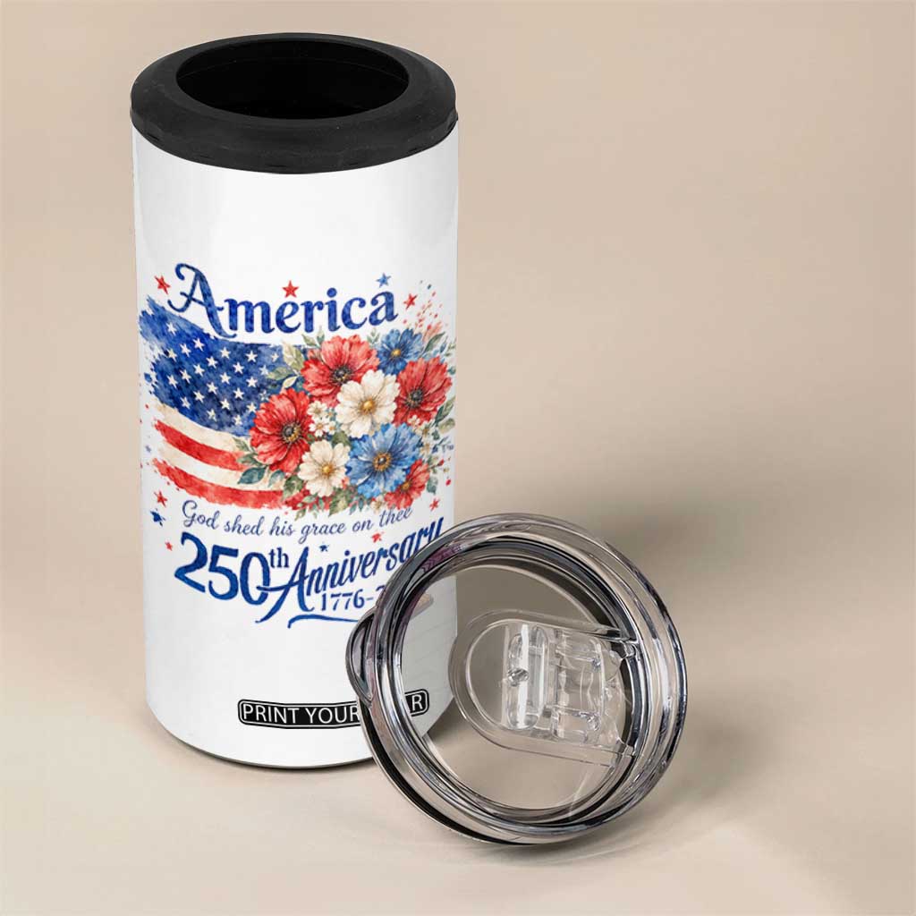 God 250th Anniversary USA Flag Floral 4 in 1 Can Cooler Tumbler Patriotic Freedom 4th of July 250 Years America TS10 Print Your Wear