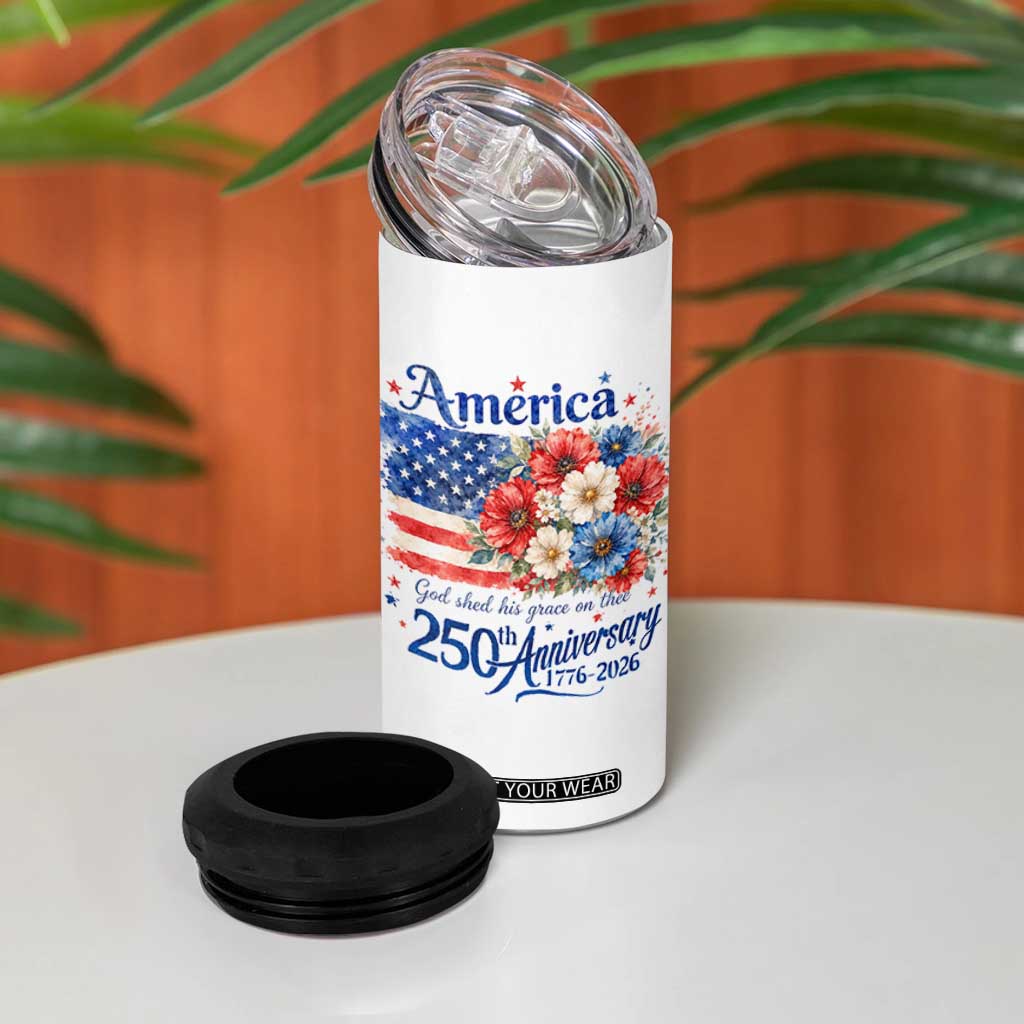 God 250th Anniversary USA Flag Floral 4 in 1 Can Cooler Tumbler Patriotic Freedom 4th of July 250 Years America TS10 Print Your Wear