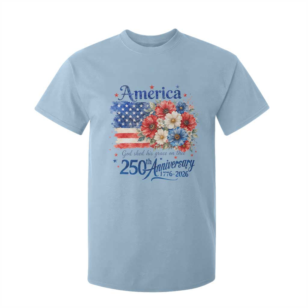 God 250th Anniversary USA Flag Floral T Shirt For Kid Patriotic Freedom 4th of July 250 Years America TS10 Light Blue Print Your Wear