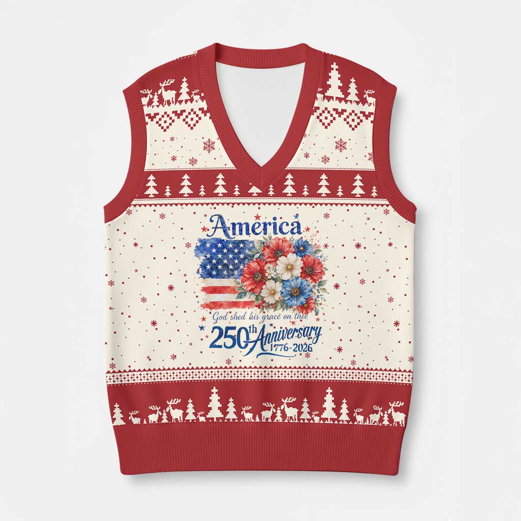 God 250th Anniversary USA Flag Floral V-Neck Knit Sweater Vest Patriotic Freedom 4th of July 250 Years America TS10 Beige Red Print Your Wear