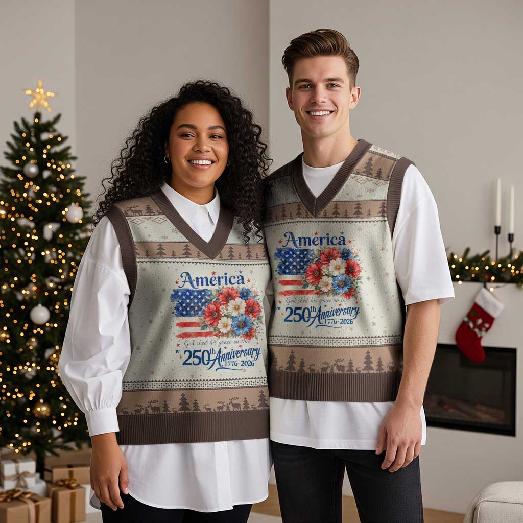 God 250th Anniversary USA Flag Floral V-Neck Knit Sweater Vest Patriotic Freedom 4th of July 250 Years America TS10 Mocha Mousse Print Your Wear