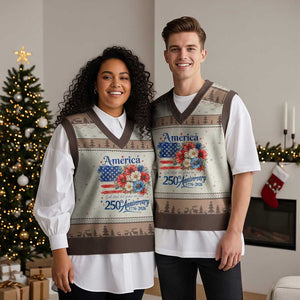 God 250th Anniversary USA Flag Floral V-Neck Knit Sweater Vest Patriotic Freedom 4th of July 250 Years America TS10 Mocha Mousse Print Your Wear