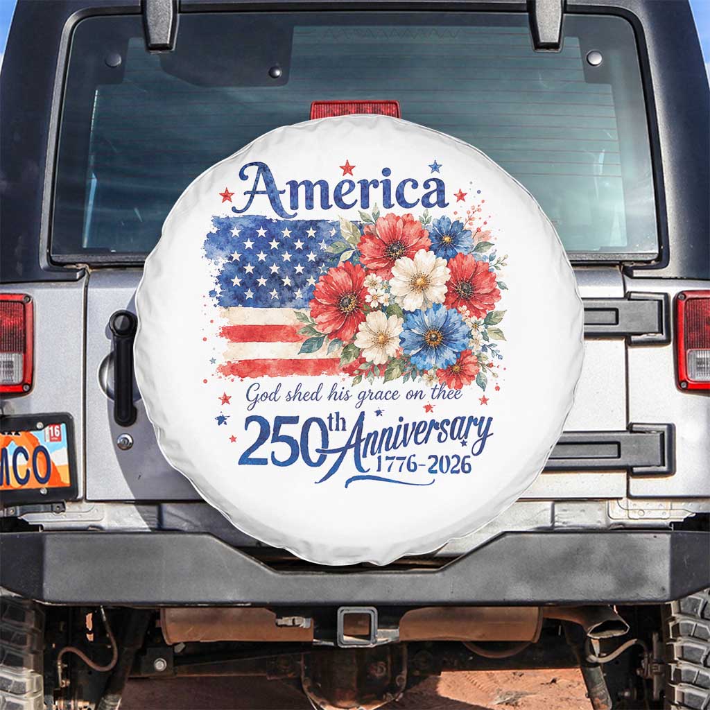 God 250th Anniversary USA Flag Floral Spare Tire Cover Patriotic Freedom 4th of July 250 Years America TS10 No hole White Print Your Wear