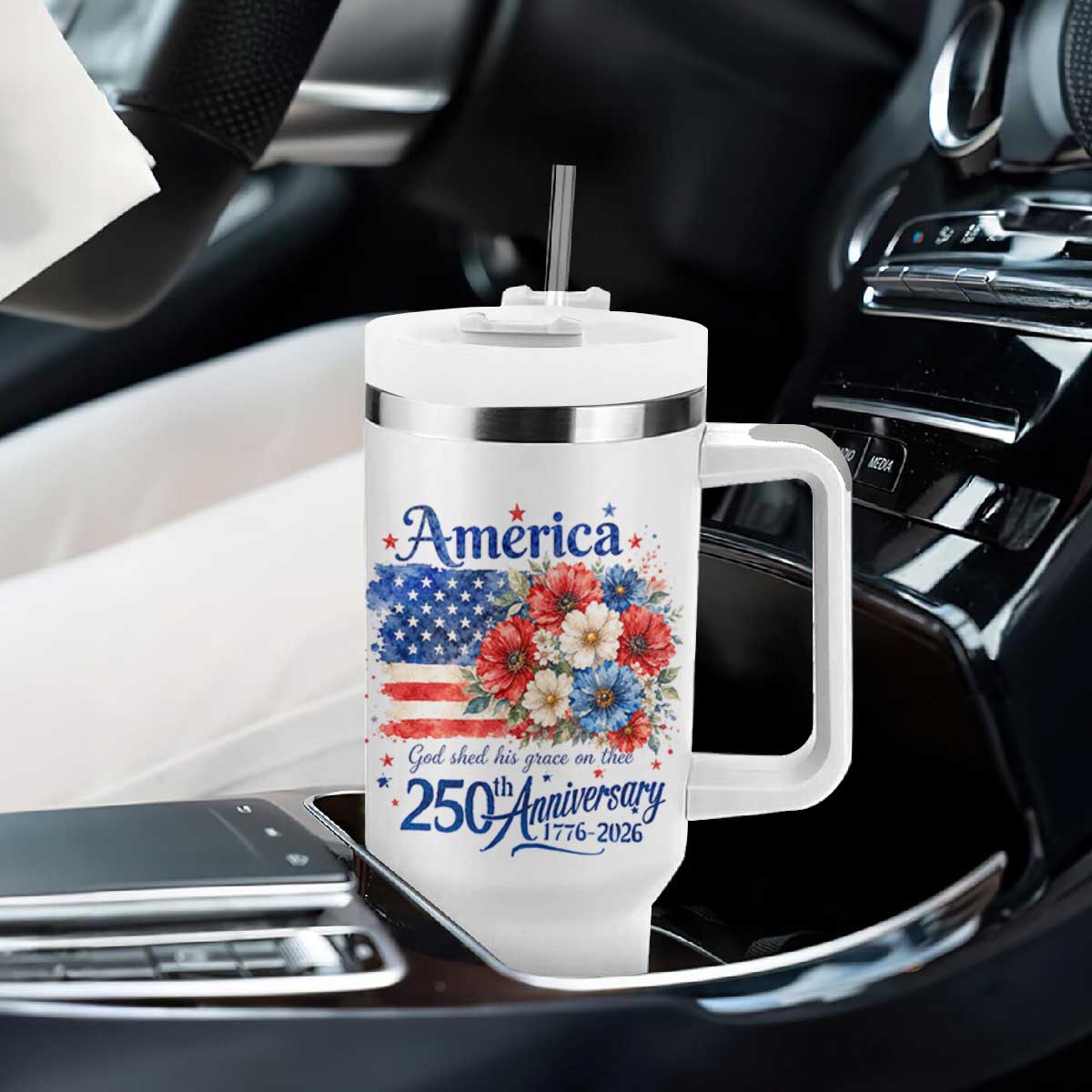 God 250th Anniversary USA Flag Floral Tumbler With Handle Patriotic Freedom 4th of July 250 Years America TS10 Print Your Wear