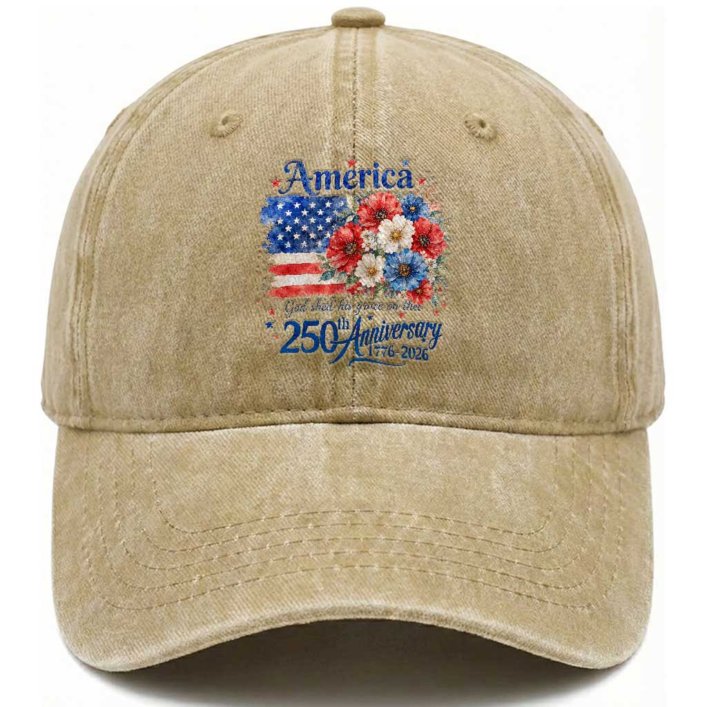 God 250th Anniversary USA Flag Floral Washed Cotton Baseball Cap Patriotic Freedom 4th of July 250 Years America TS10 Print Your Wear