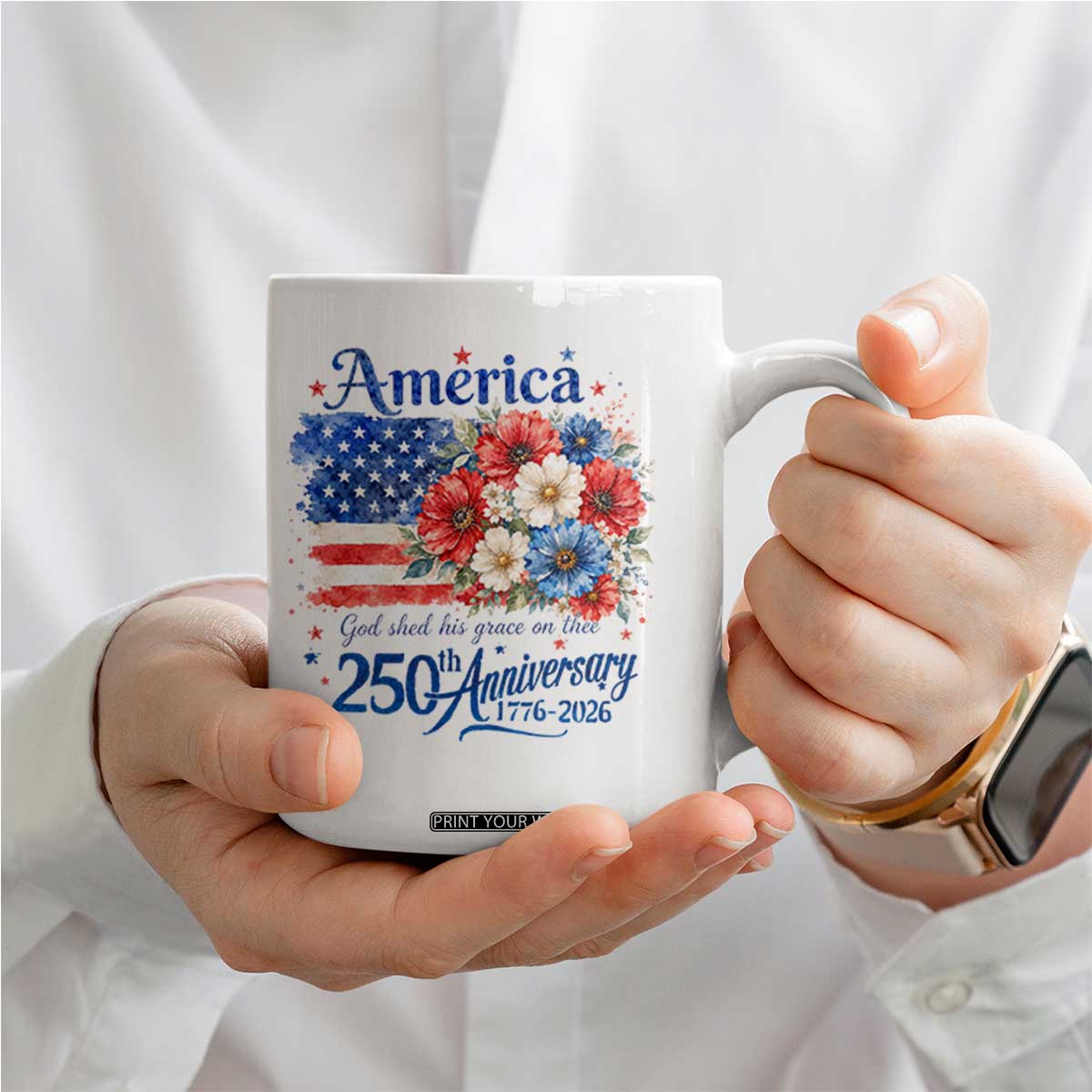 God 250th Anniversary USA Flag Floral Coffee Mug Patriotic Freedom 4th of July 250 Years America TS10 Print Your Wear