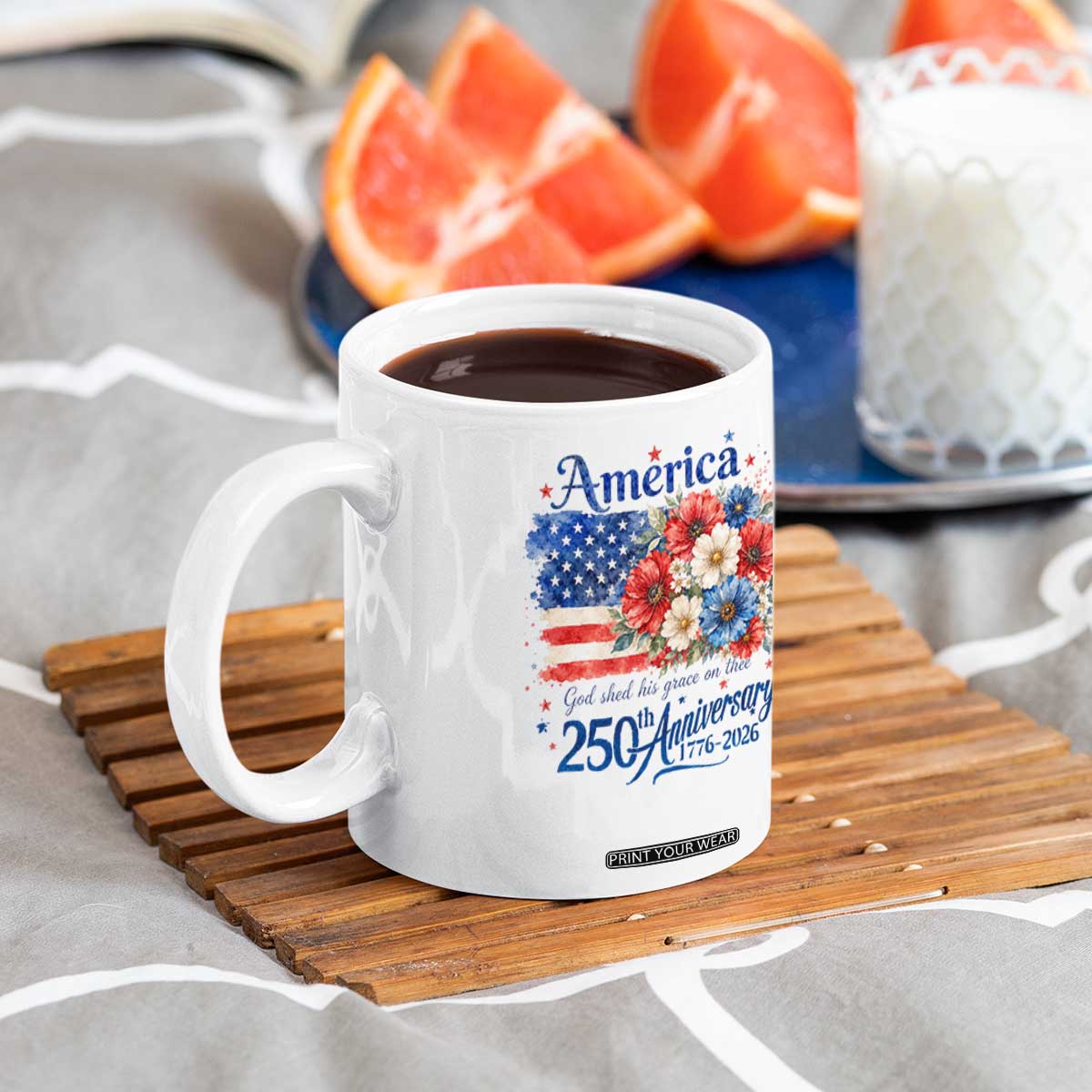 God 250th Anniversary USA Flag Floral Coffee Mug Patriotic Freedom 4th of July 250 Years America TS10 Print Your Wear