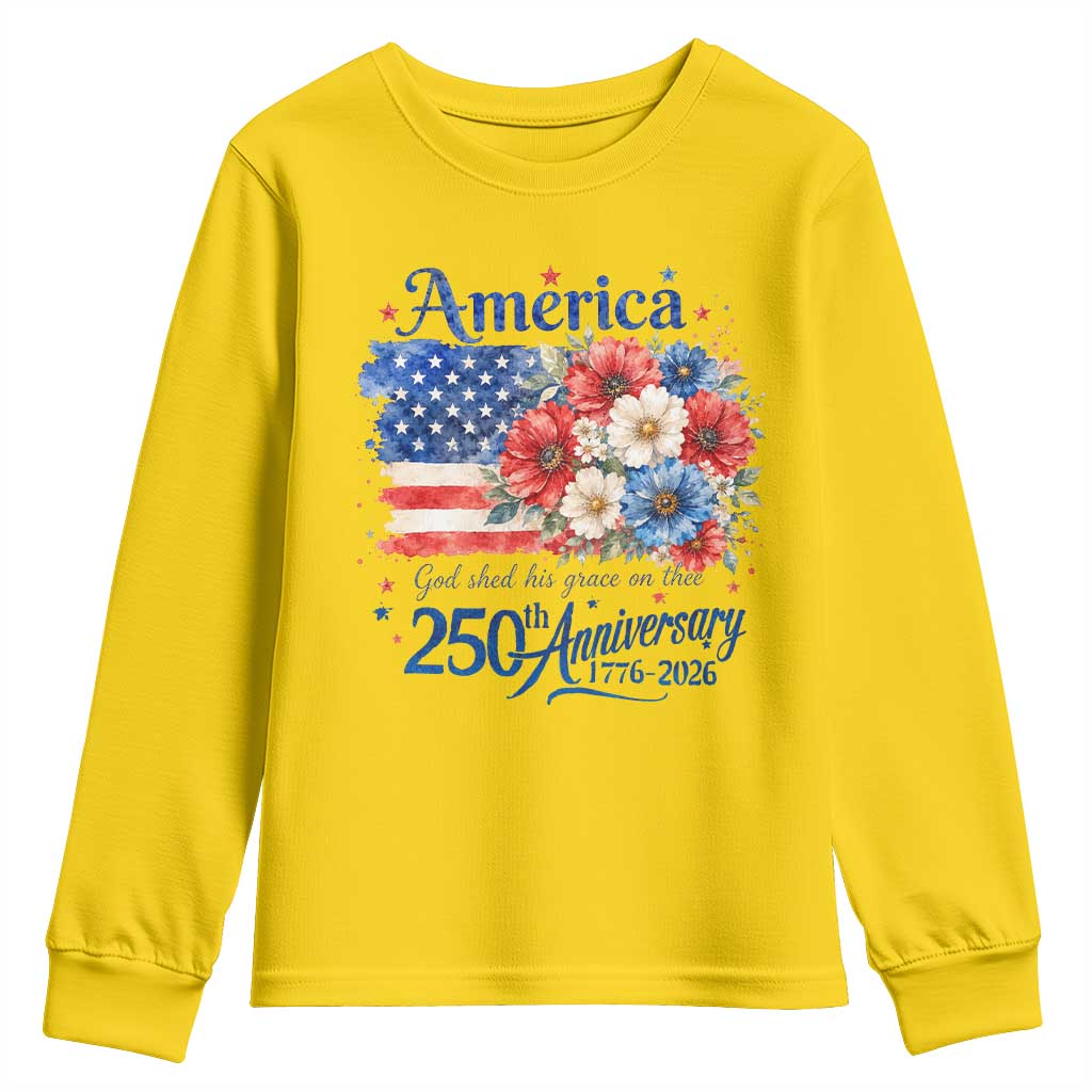 God 250th Anniversary USA Flag Floral Youth Sweatshirt Patriotic Freedom 4th of July 250 Years America TS10 Daisy Print Your Wear