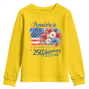 God 250th Anniversary USA Flag Floral Youth Sweatshirt Patriotic Freedom 4th of July 250 Years America TS10 Daisy Print Your Wear