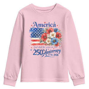 God 250th Anniversary USA Flag Floral Youth Sweatshirt Patriotic Freedom 4th of July 250 Years America TS10 Light Pink Print Your Wear
