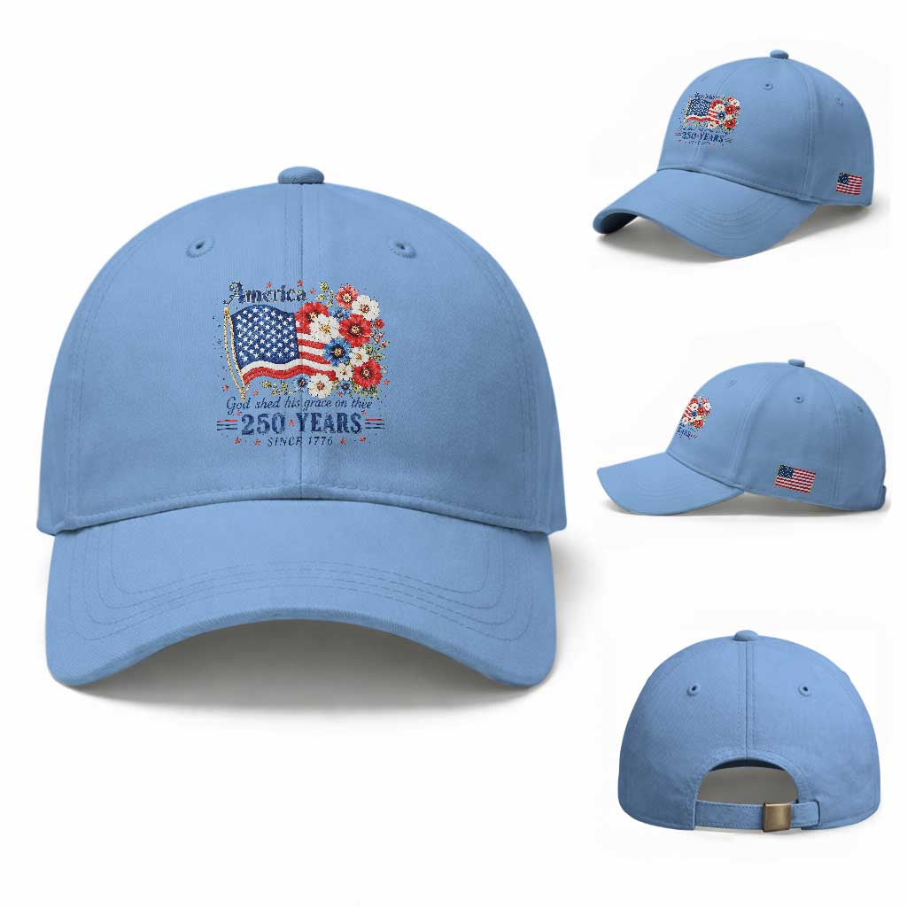 USA 250th Anniversary Flag Floral Graphic Baseball Cap 250 Years America Patriot 4th of July Patriotism Gift TS10 Baseball Cap Universal Fit Light Blue Print Your Wear