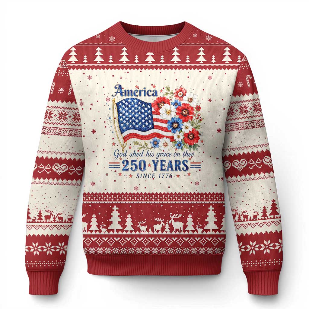 USA 250th Anniversary Flag Floral Graphic Ugly Christmas Sweater 250 Years America Patriot 4th of July Patriotism Gift TS10 Beige Red Print Your Wear