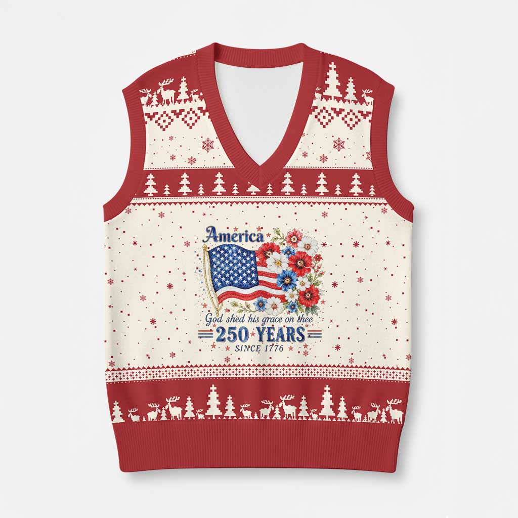 USA 250th Anniversary Flag Floral Graphic V-Neck Knit Sweater Vest 250 Years America Patriot 4th of July Patriotism Gift TS10 Beige Red Print Your Wear