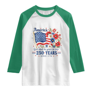 USA 250th Anniversary Flag Floral Graphic Raglan Shirt 250 Years America Patriot 4th of July Patriotism Gift TS10 White Kelly Green Print Your Wear