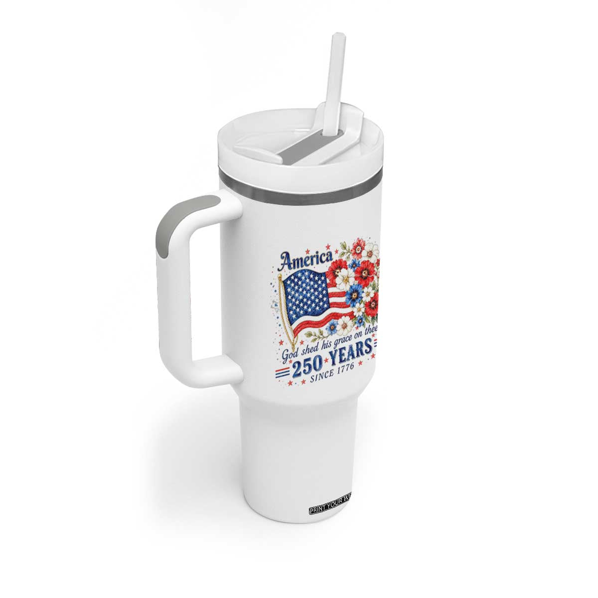 USA 250th Anniversary Flag Floral Graphic Tumbler With Handle 250 Years America Patriot 4th of July Patriotism Gift TS10 Print Your Wear