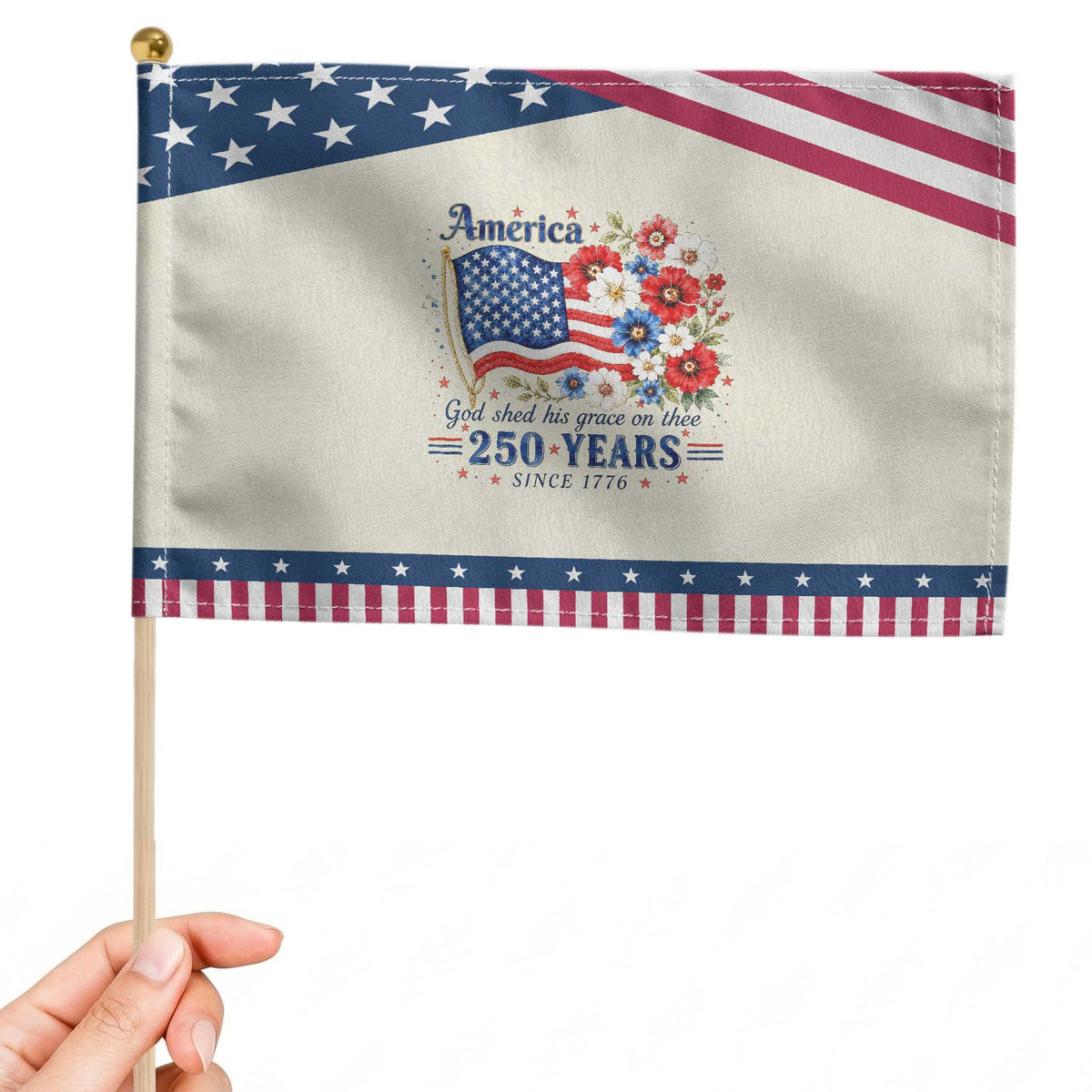 USA 250th Anniversary Flag Floral Graphic Patriotic Handheld Flag 250 Years America Patriot 4th of July Patriotism Gift TS10 Modern 8.2