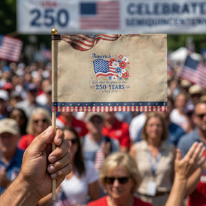 USA 250th Anniversary Flag Floral Graphic Patriotic Handheld Flag 250 Years America Patriot 4th of July Patriotism Gift TS10 Vintage 8.2" × 5.5" Rustic Tan Navy Print Your Wear