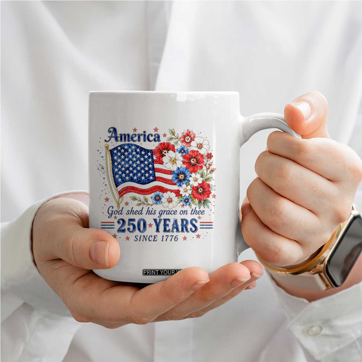 USA 250th Anniversary Flag Floral Graphic Coffee Mug 250 Years America Patriot 4th of July Patriotism Gift TS10 Print Your Wear