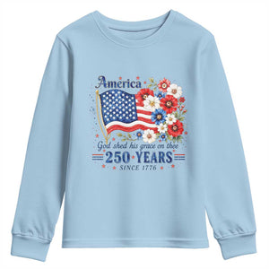 USA 250th Anniversary Flag Floral Graphic Youth Sweatshirt 250 Years America Patriot 4th of July Patriotism Gift TS10 Light Blue Print Your Wear