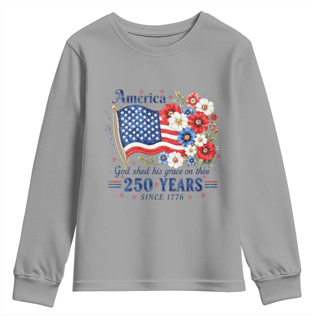 USA 250th Anniversary Flag Floral Graphic Youth Sweatshirt 250 Years America Patriot 4th of July Patriotism Gift TS10 Sport Gray Print Your Wear
