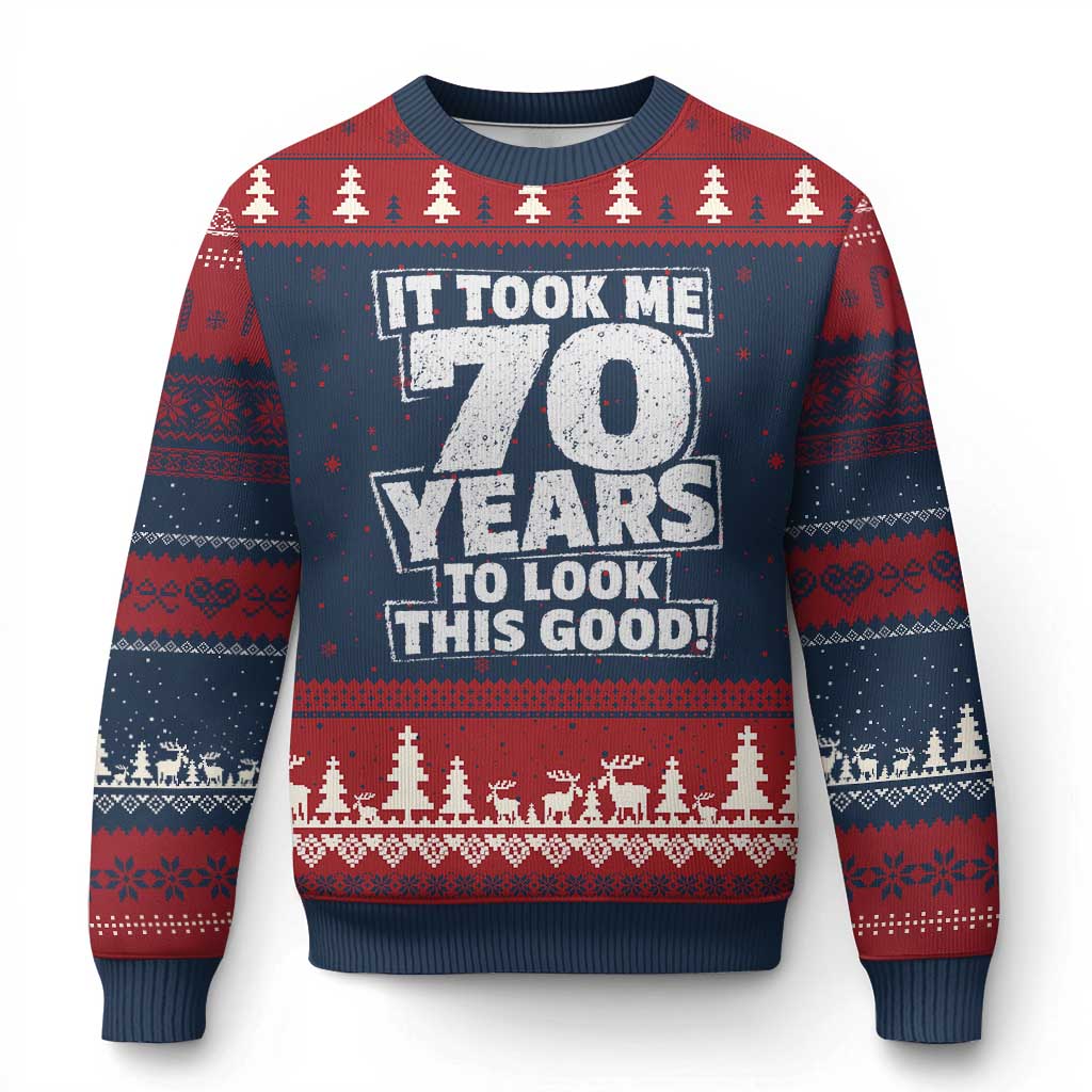 Funny 70th Birthday Ugly Christmas Sweater It Took Me 70 Years To Look This Good Vintage Retro TS10 Navy Red Print Your Wear
