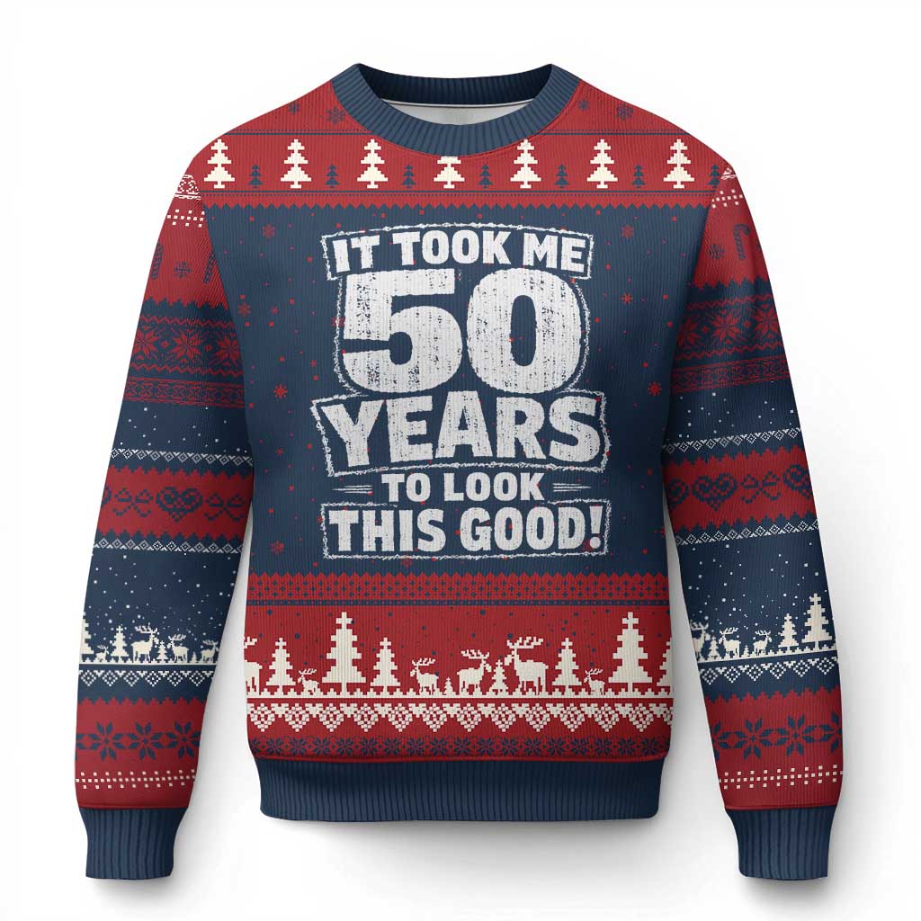 Funny 50th Birthday Ugly Christmas Sweater It Took Me 50 Years To Look This Good Vintage Retro TS10 Navy Red Print Your Wear