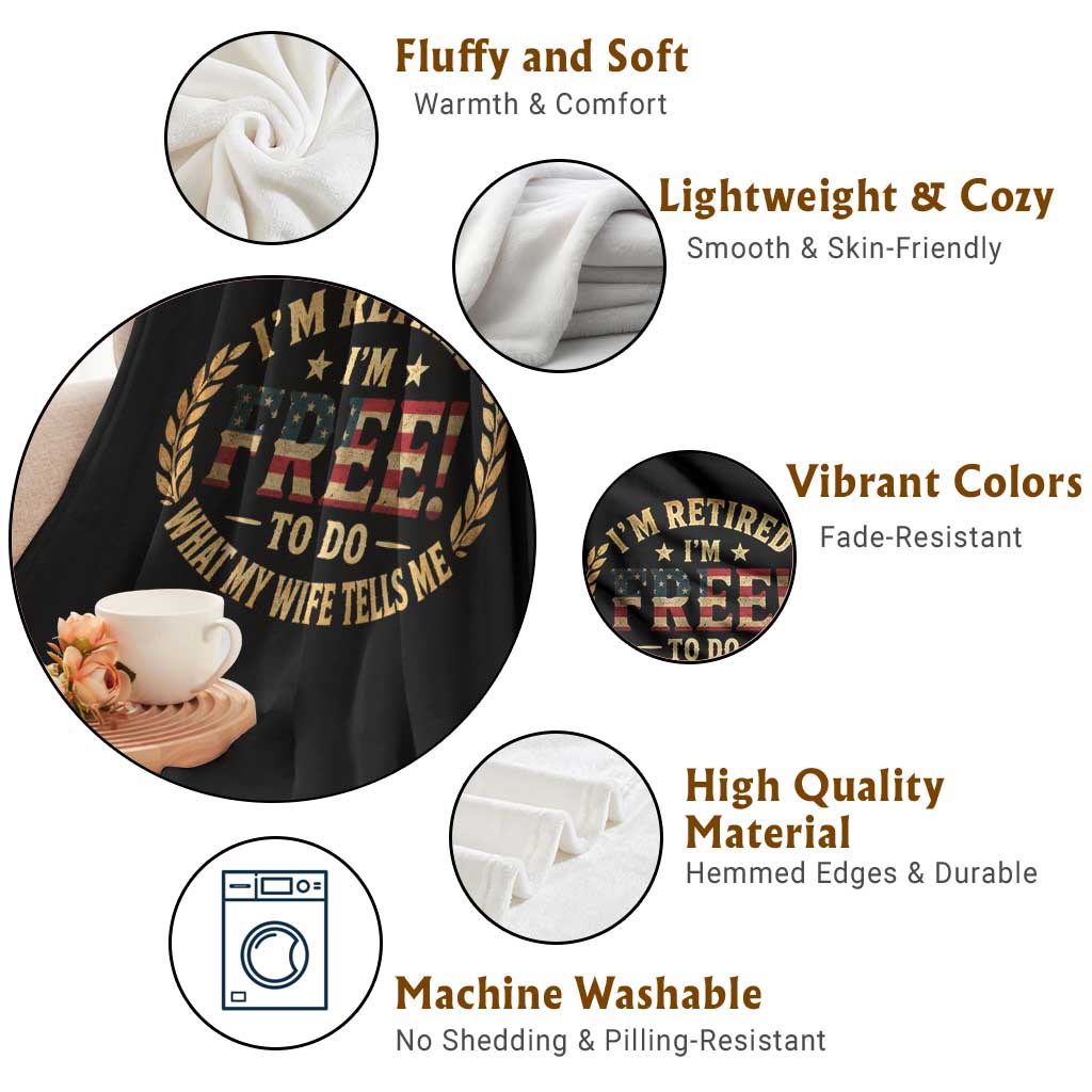 Retirement Gift for Husband Throw Blanket Retired Im Free To Do What My Wife Tells Me Retro US Flag TS10 Print Your Wear