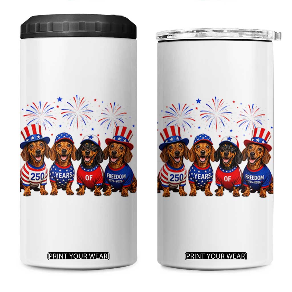 Vintage Patriotic Dachshund 250 Anniversary USA 4 in 1 Can Cooler Tumbler Freedom 250 Years Weiner Dog Lovers Dad Mom