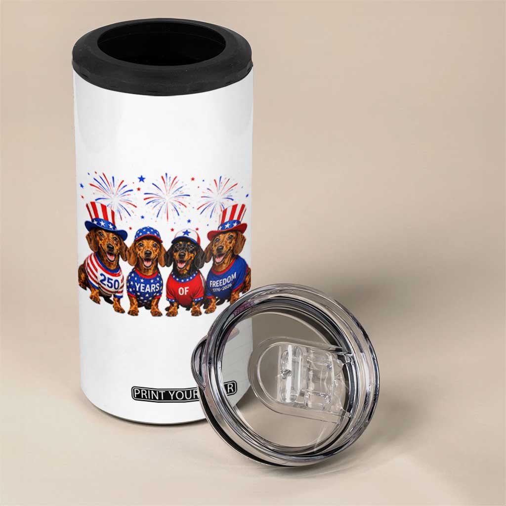 Vintage Patriotic Dachshund 250 Anniversary USA 4 in 1 Can Cooler Tumbler Freedom 250 Years Weiner Dog Lovers Dad Mom