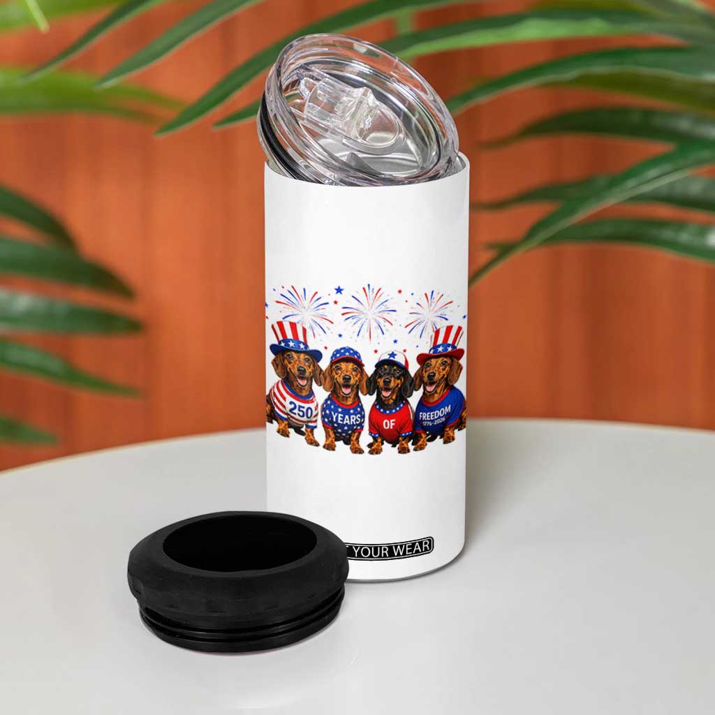 Vintage Patriotic Dachshund 250 Anniversary USA 4 in 1 Can Cooler Tumbler Freedom 250 Years Weiner Dog Lovers Dad Mom