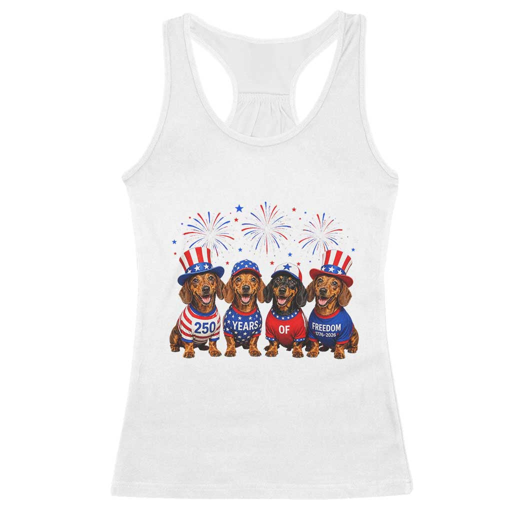 Vintage Patriotic Dachshund 250 Anniversary USA Racerback Tank Top Freedom 250 Years Weiner Dog Lovers Dad Mom TS10 White Print Your Wear