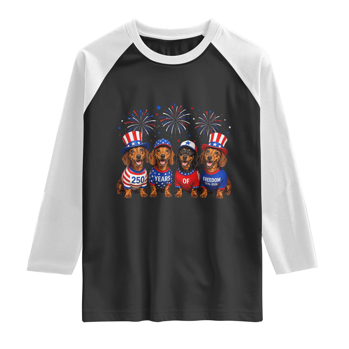 Vintage Patriotic Dachshund 250 Anniversary USA Raglan Shirt Freedom 250 Years Weiner Dog Lovers Dad Mom