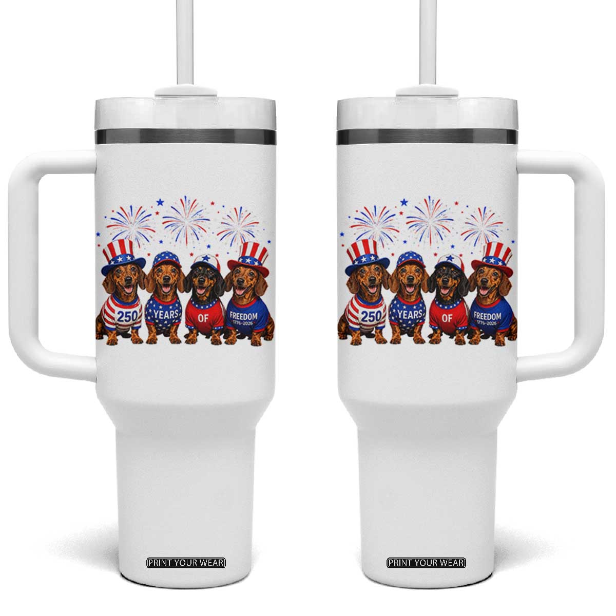Vintage Patriotic Dachshund 250 Anniversary USA Tumbler With Handle Freedom 250 Years Weiner Dog Lovers Dad Mom TS10 One Size: 40 oz White Print Your Wear